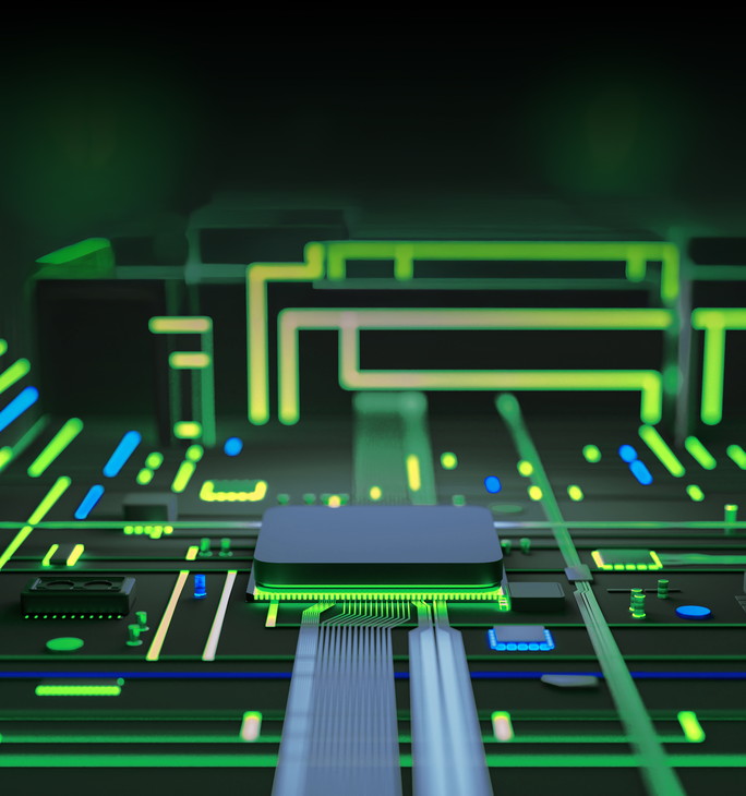 3D illustration of electronics inside. Chips on circuit board connected by circuits illuminated by red. Computers and technology concept.
